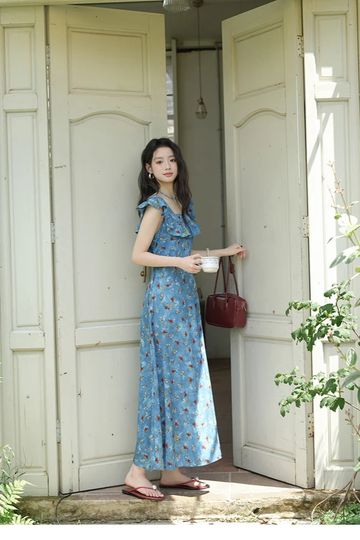Floral Print Ruffle Trim V-Neck Cap Sleeve Fit and Flare Maxi Summer Dress 8