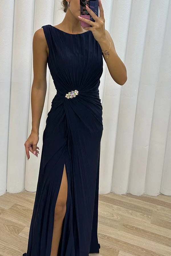Pleated Round Neck Sleeveless Rhinestone Waist Gathered High Slit Maxi Gown 8