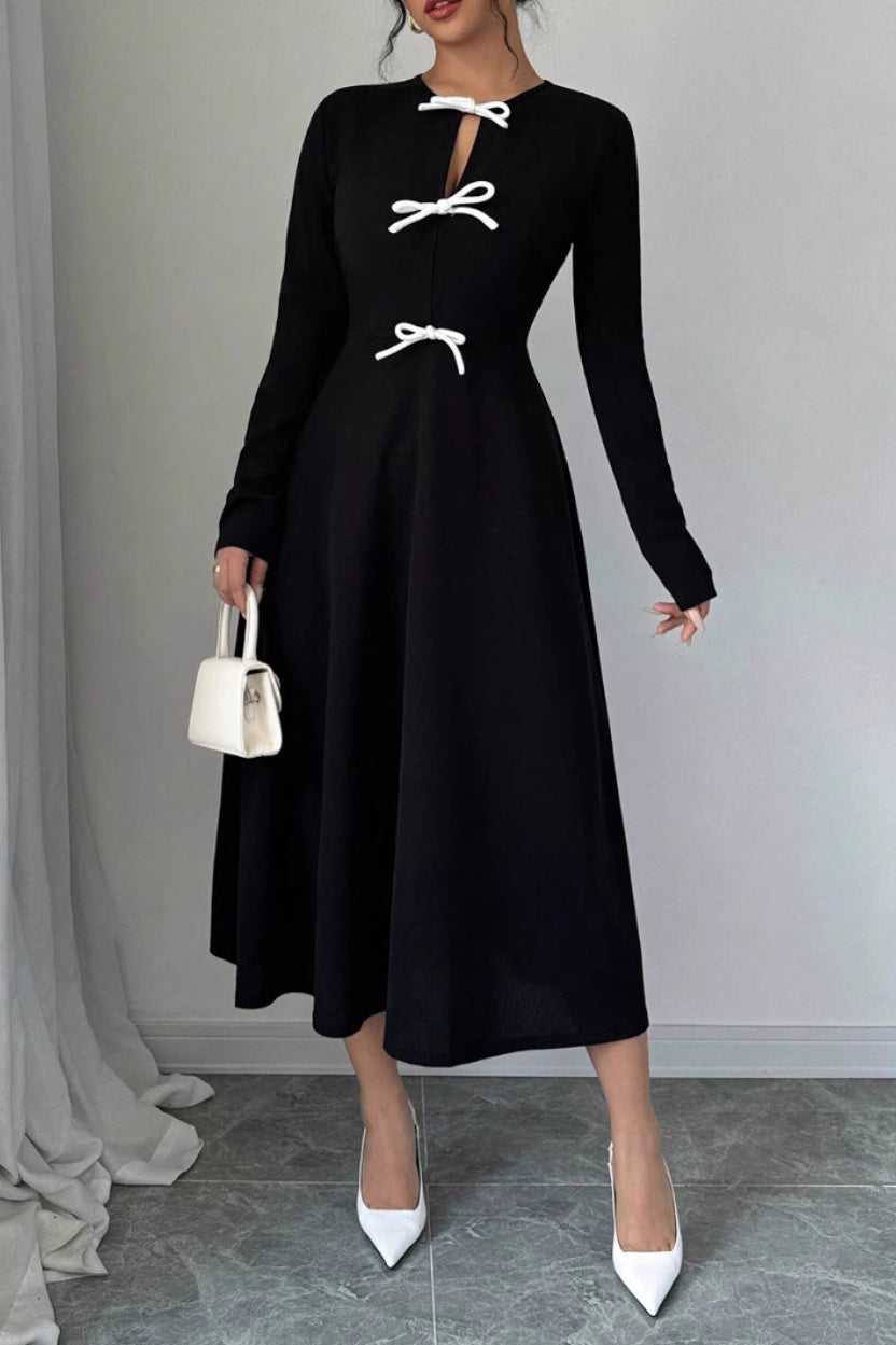 Black Long Sleeve Bow Detail Fit and Flare Midi Dress