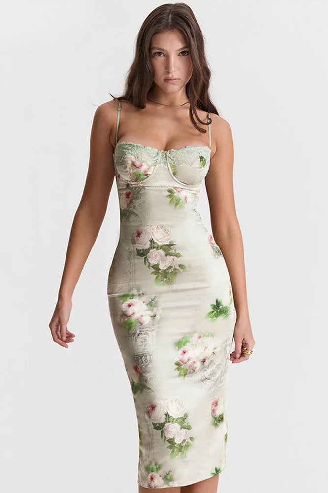 Floral Satin Sweetheart Lace Trim Spaghetti Strap Bodycon Midi Dress 4