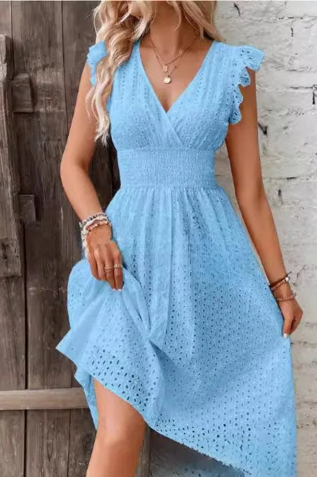 Eyelet Lace V-Neck Ruffle Cap Sleeve Smocked Waist A-Line Midi Dress 7