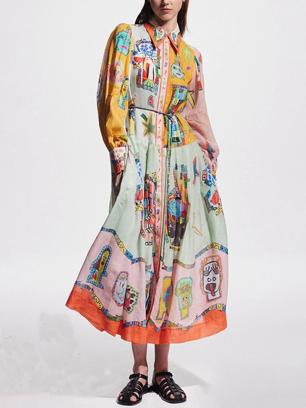 Graphic Print Colorblock Balloon Sleeve Belt Shirt Midi Dress 5