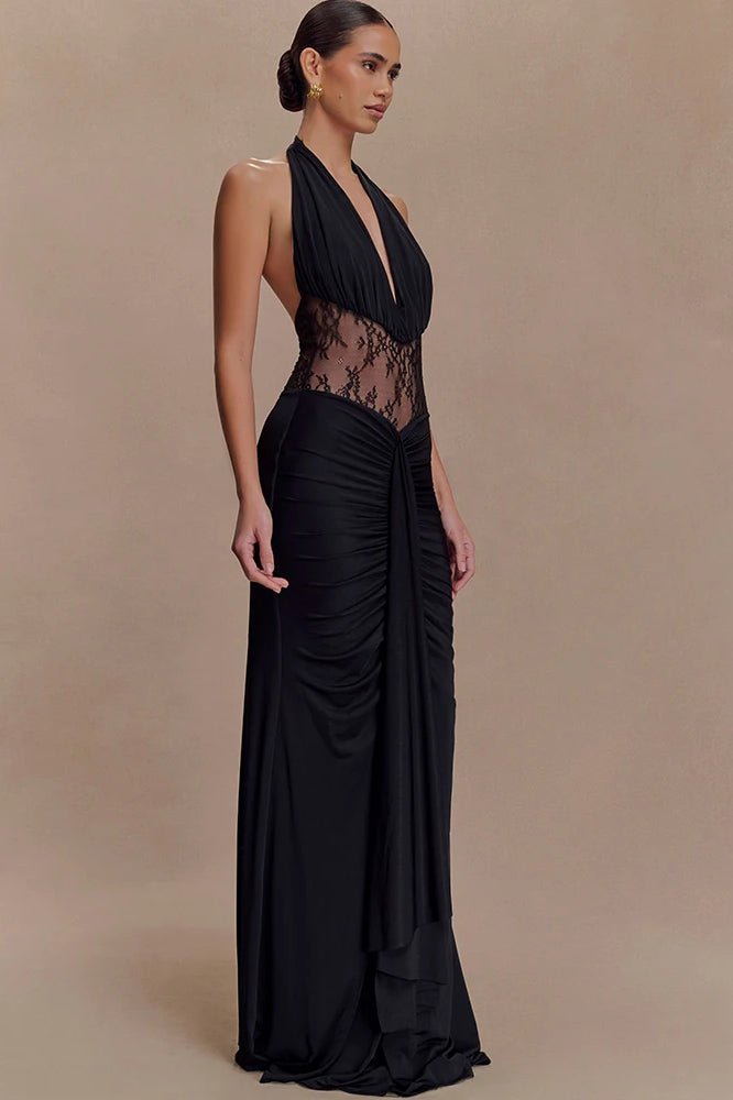 Halter Plunging V-Neck Lace Panel Ruched Drape Maxi Gown 2