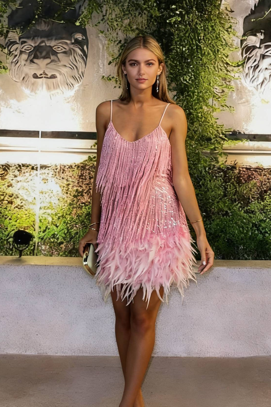 Deep V Spaghetti Strap Tiered Sequin Fringe Feather Trim Bodycon Mini Dress 3