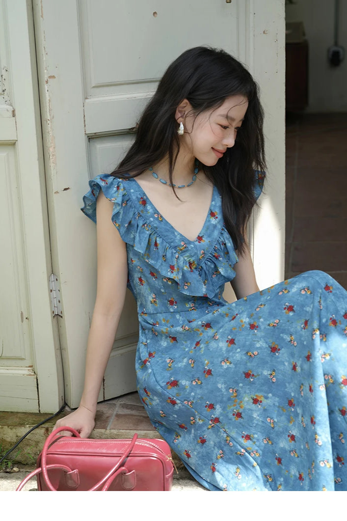 Floral Print Ruffle Trim V-Neck Cap Sleeve Fit and Flare Maxi Summer Dress 10
