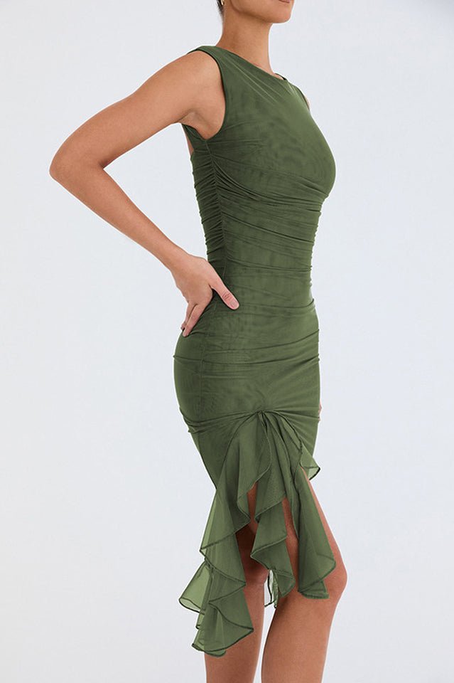 Crew Neck Ruched Mesh Bodycon Asymmetric Ruffle Hem Side Slit Midi Dress 23