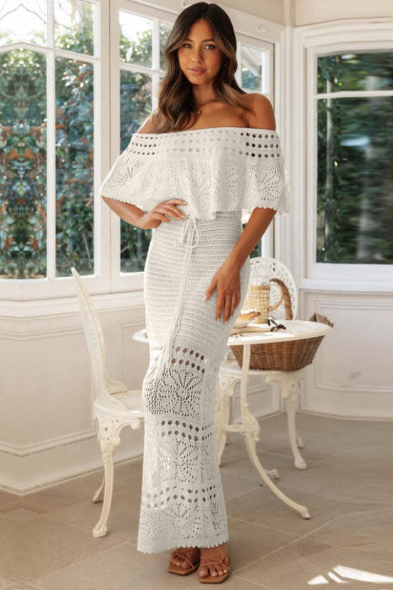 Crochet Off Shoulder Ruffle Flounce Drawstring Waist Knit Maxi Dress 7