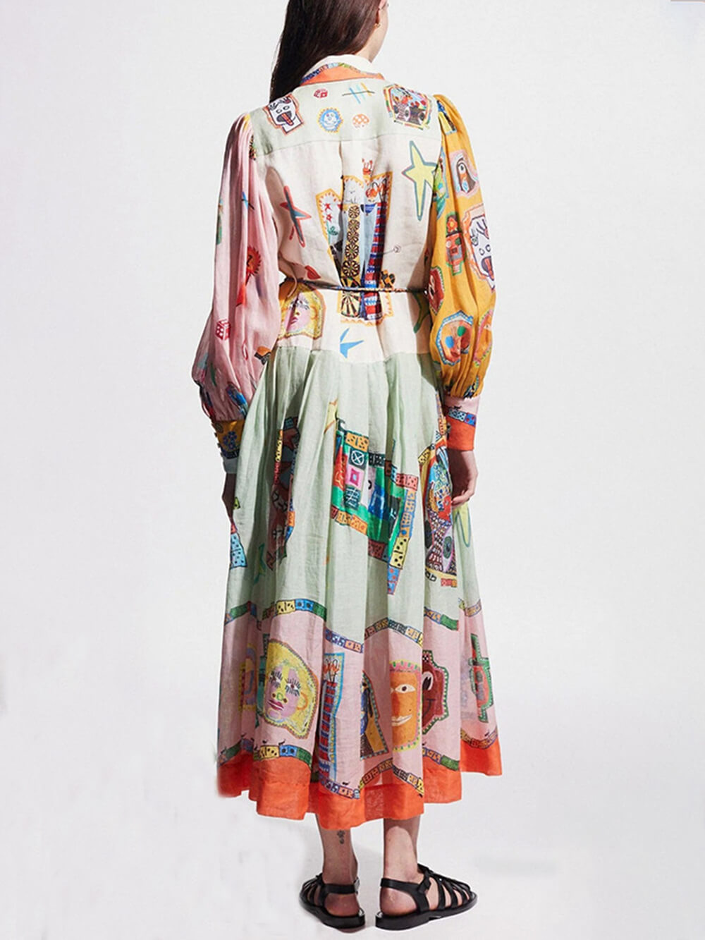 Graphic Print Colorblock Balloon Sleeve Belt Shirt Midi Dress 2