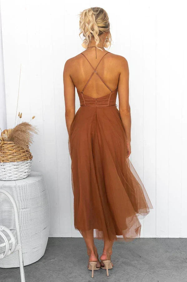 Sweetheart Neck Spaghetti Strap Corset Lace Up Tulle Skirt Midi Dress 12