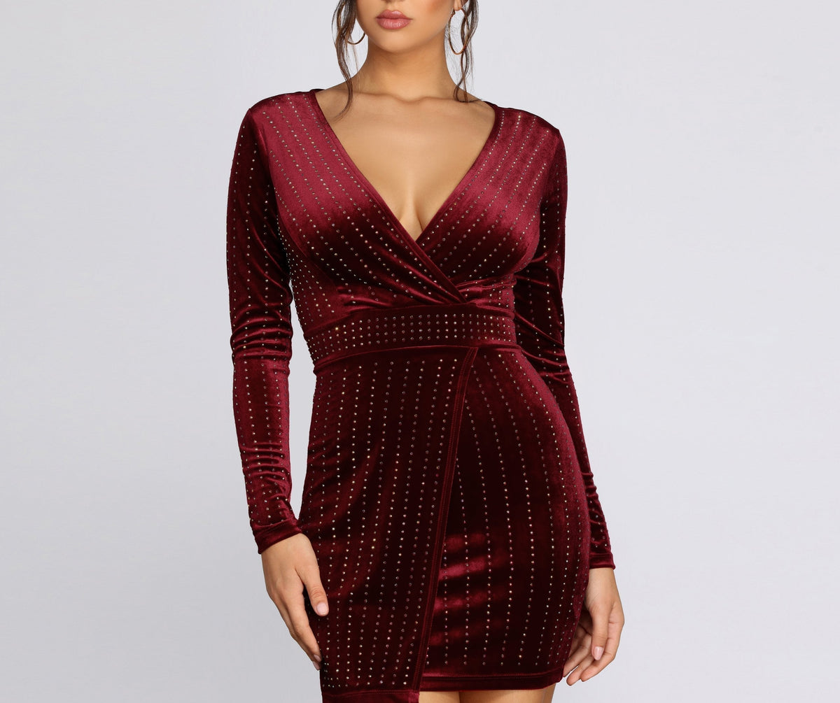 Studded Velvet Wrap Surplice Long Sleeve Bodycon Mini Dress 12