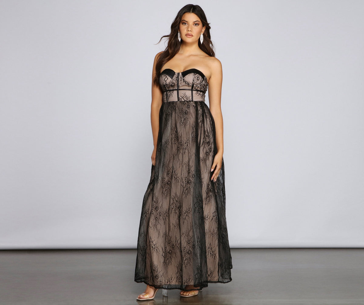 Strapless Sweetheart Corset Lace Overlay Bustier Empire Waist Floral Lace Maxi Gown 3