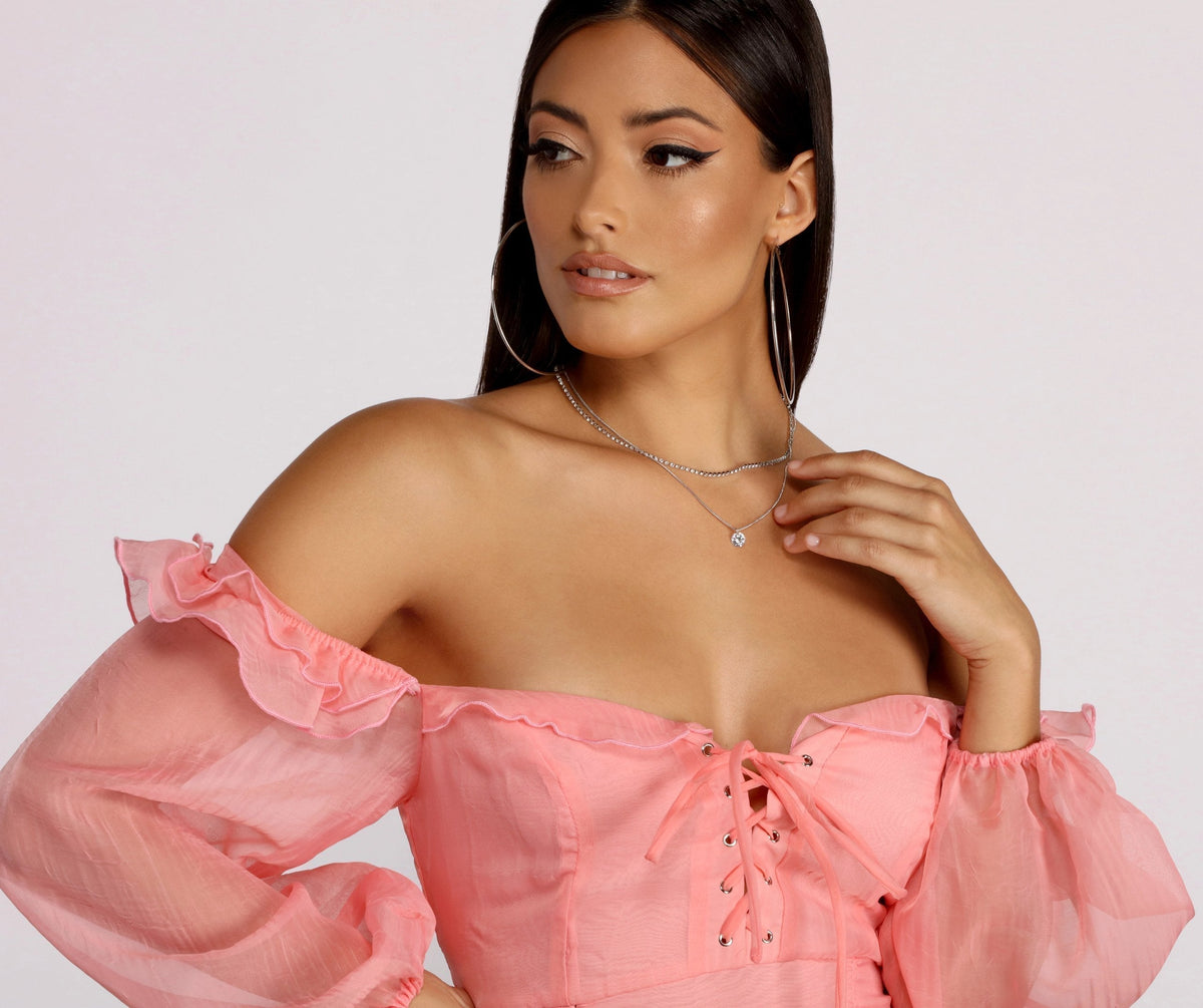 Sweetheart Lace Up Corset Bodice Organza Bishop Sleeve Ruched Mini Dress 3