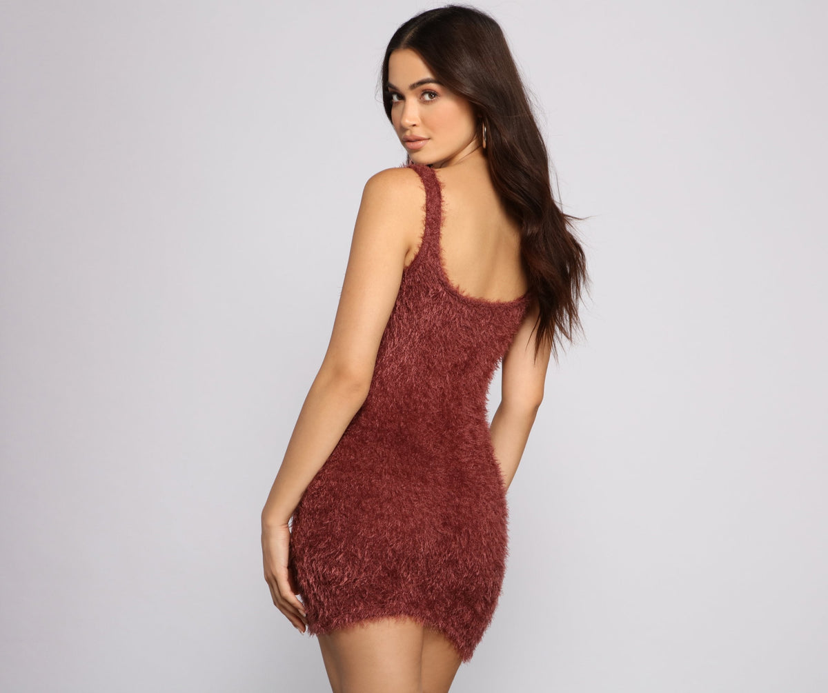 Shaggy Eyelash Knit Scoop Neck Sleeveless Bodycon Mini Dress 2