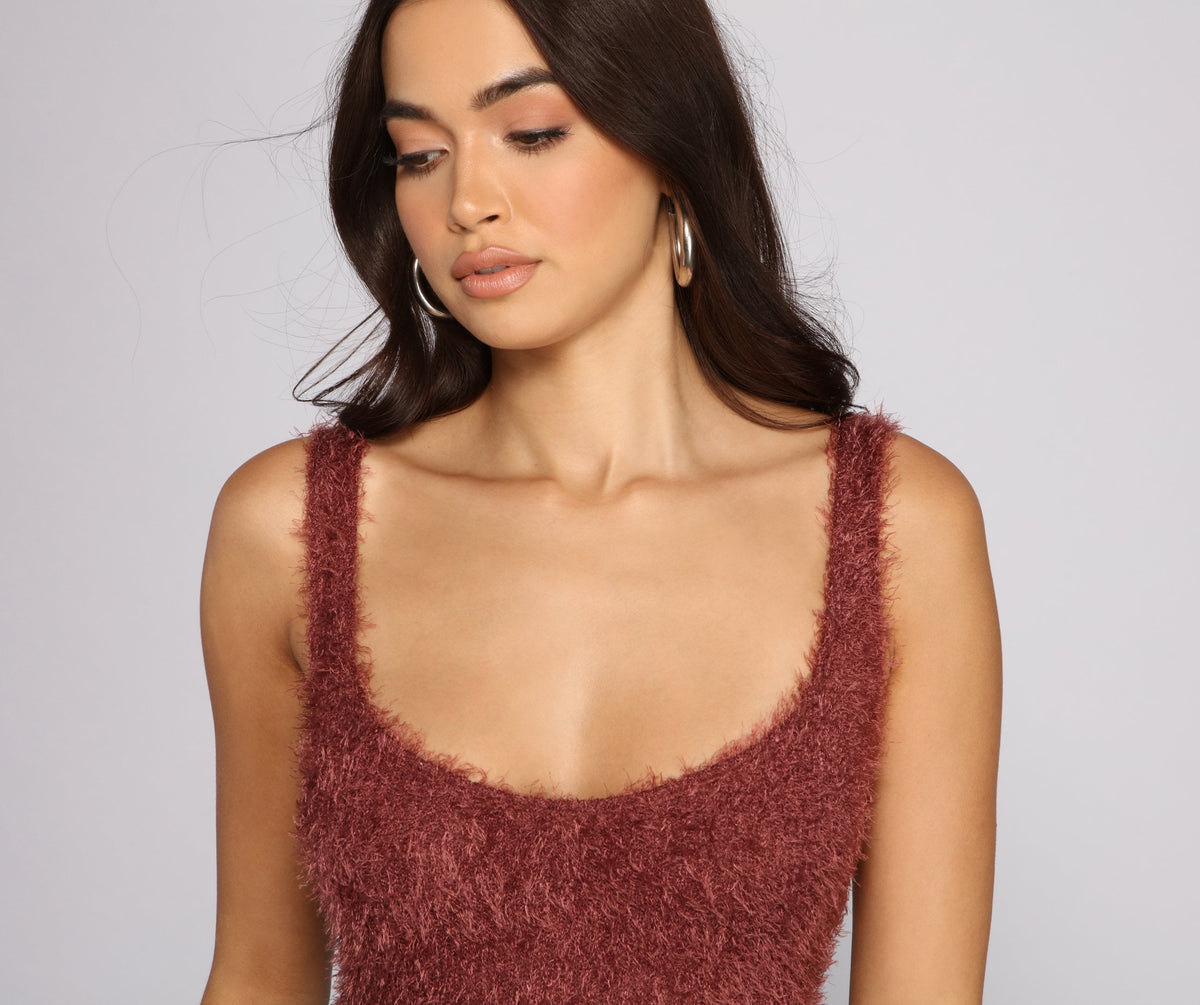 Shaggy Eyelash Knit Scoop Neck Sleeveless Bodycon Mini Dress 3