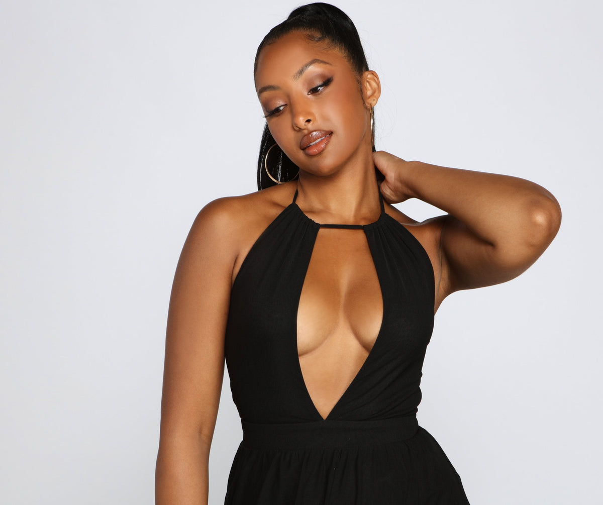 Chiffon Halter Plunging V-Neck High Slit Maxi Gown 3