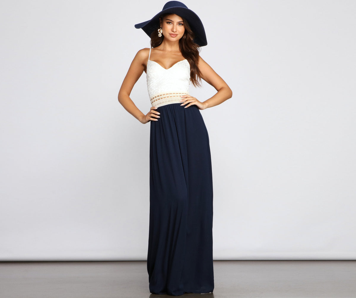 Crochet Lace Deep V-Neck Waist Ladder-Trim Paneled Maxi Dress 5