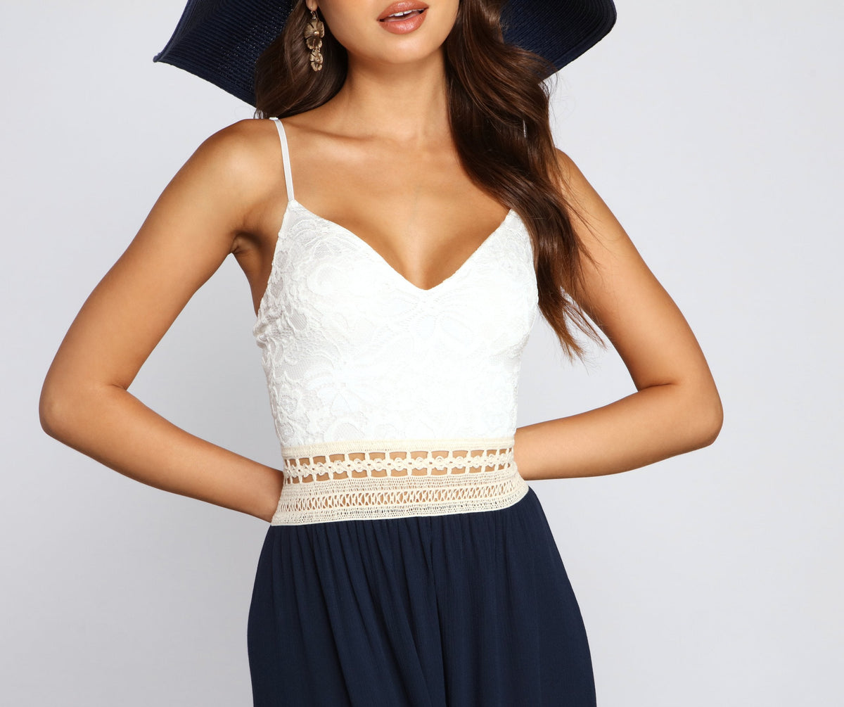 Crochet Lace Deep V-Neck Waist Ladder-Trim Paneled Maxi Dress 7