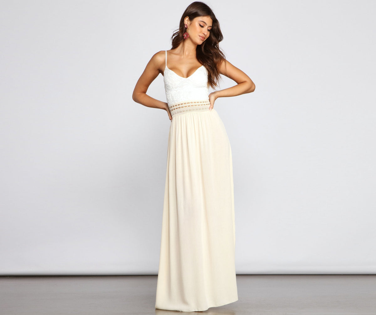 Crochet Lace Deep V-Neck Waist Ladder-Trim Paneled Maxi Dress