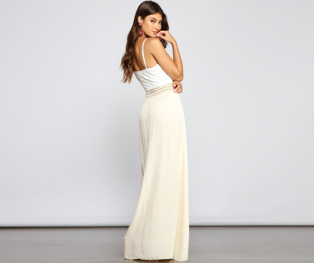 Crochet Lace Deep V-Neck Waist Ladder-Trim Paneled Maxi Dress 2