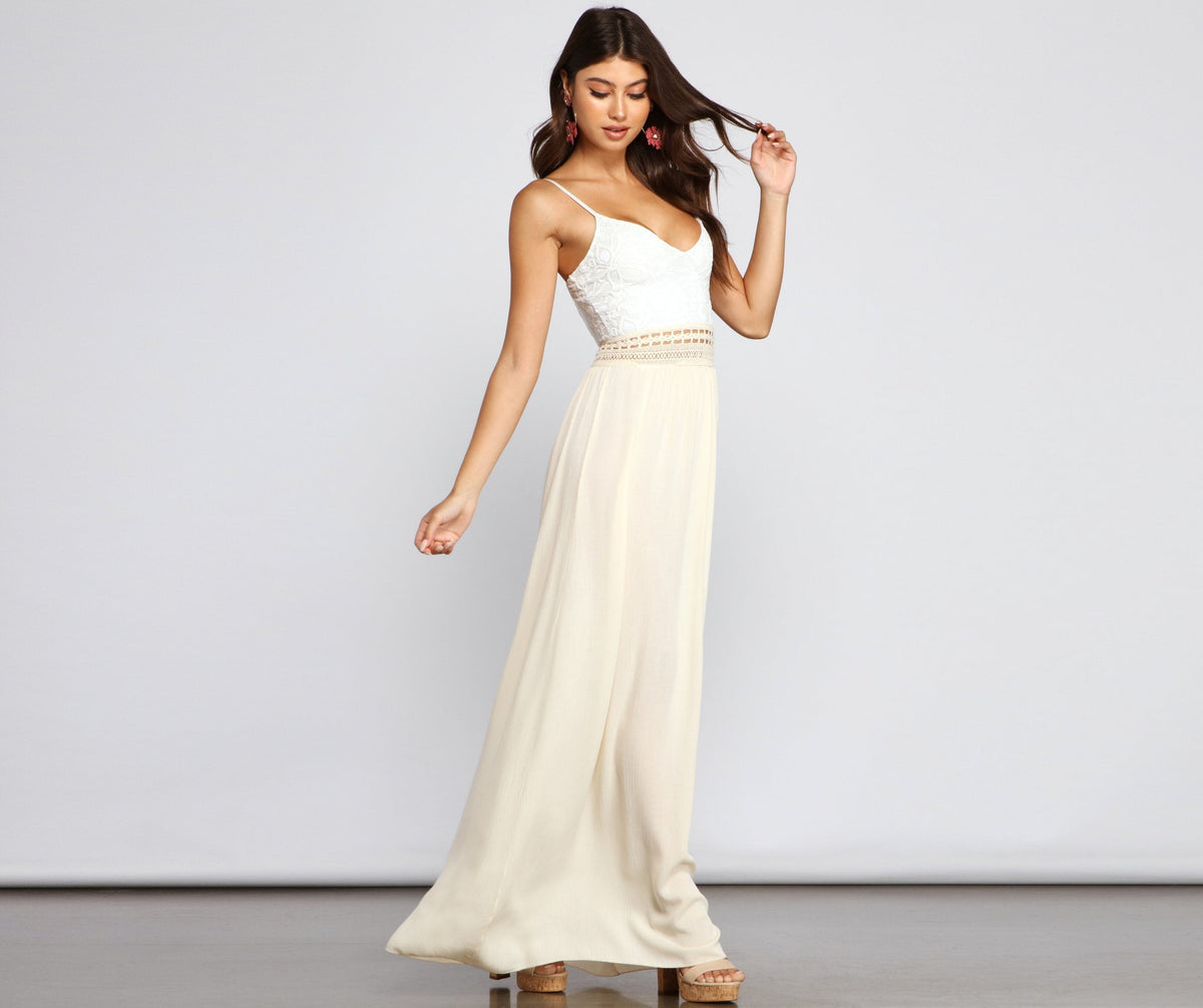 Crochet Lace Deep V-Neck Waist Ladder-Trim Paneled Maxi Dress 4