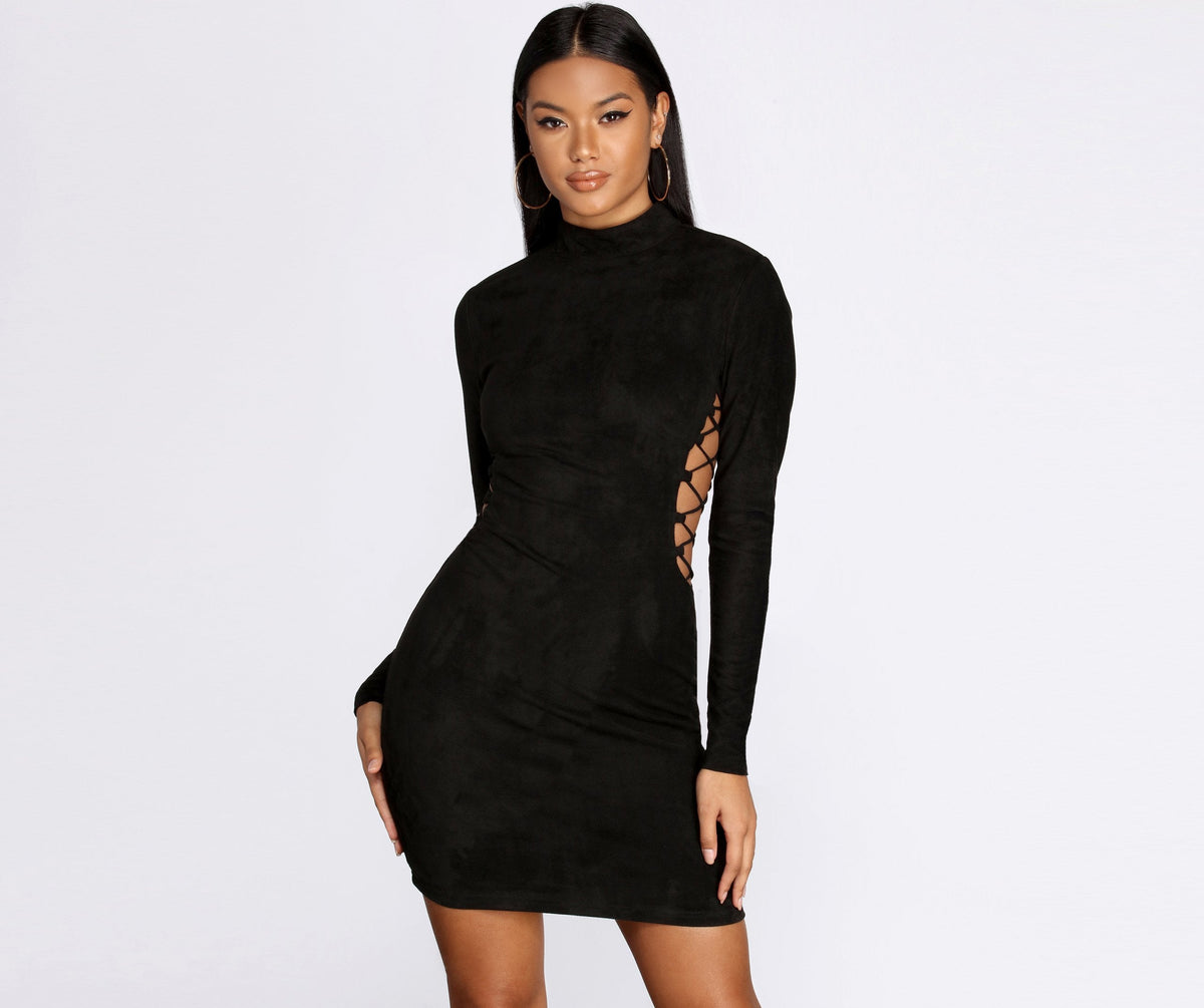 Mock Neck Lace Up Side Cut Out Faux Suede Bodycon Mini Dress