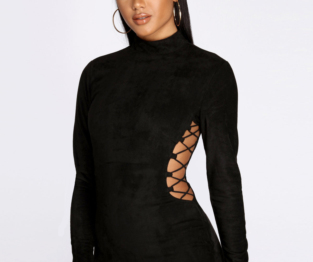 Mock Neck Lace Up Side Cut Out Faux Suede Bodycon Mini Dress 4