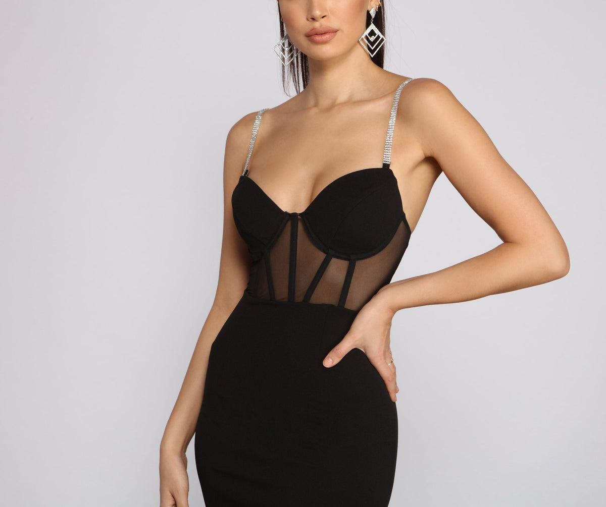 Rhinestone Strap Sweetheart Mesh Panel Corset Bodice Bodycon Mini Dress 3