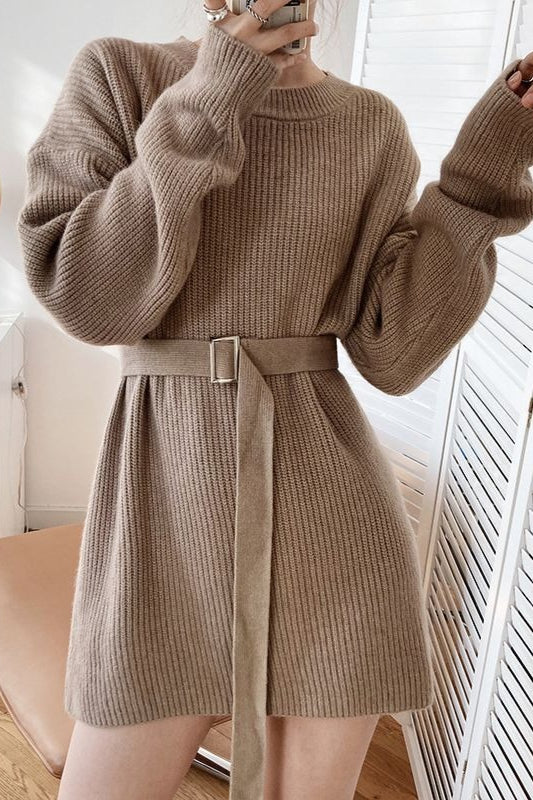 Rib Knit Belted Square Buckle Balloon Sleeve Sweater Mini Dress