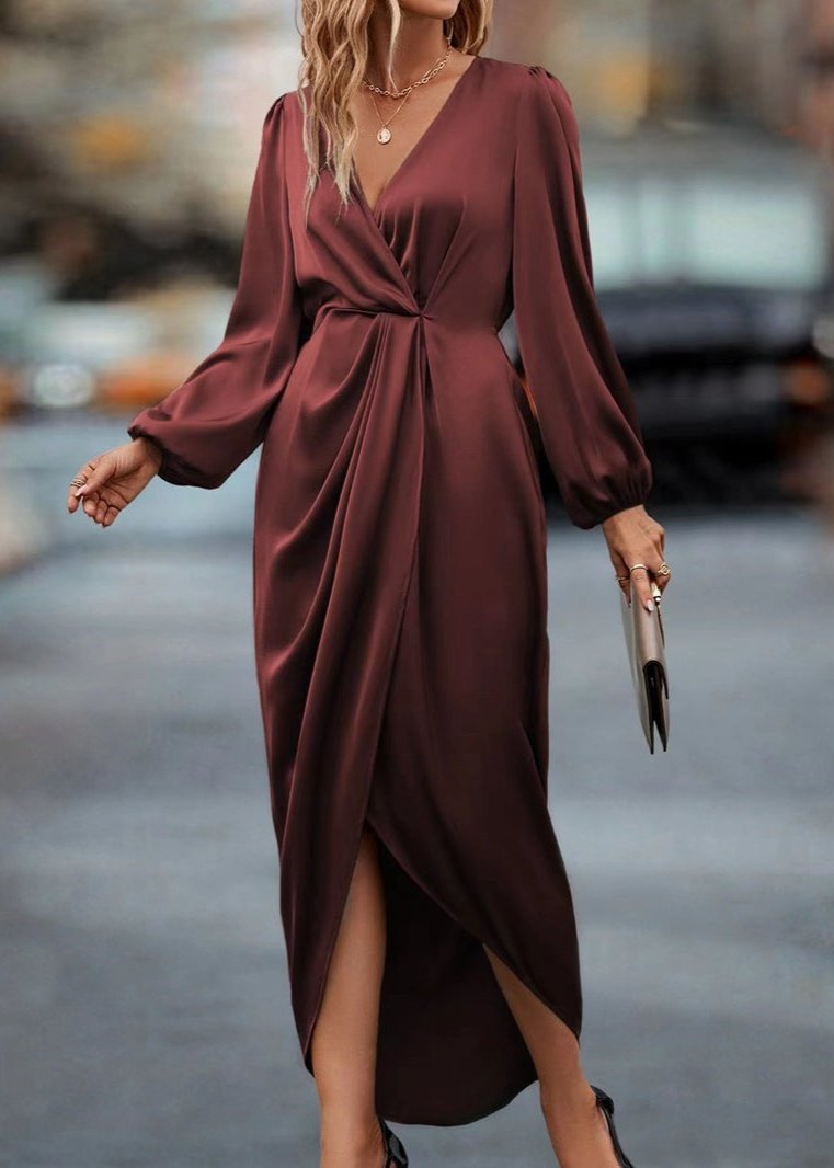 Wrap V-Neck Bishop Sleeve Twist-Waist Draped Midi Dress 2