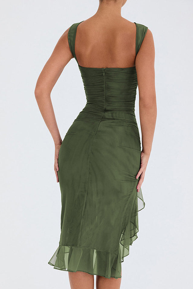 Crew Neck Ruched Mesh Bodycon Asymmetric Ruffle Hem Side Slit Midi Dress 25