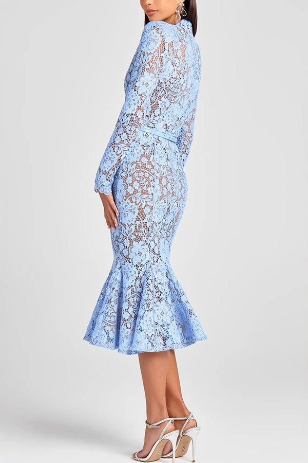 Lace Mock Neck Long Sleeve Belted Mermaid Trumpet Midi Dress 5
