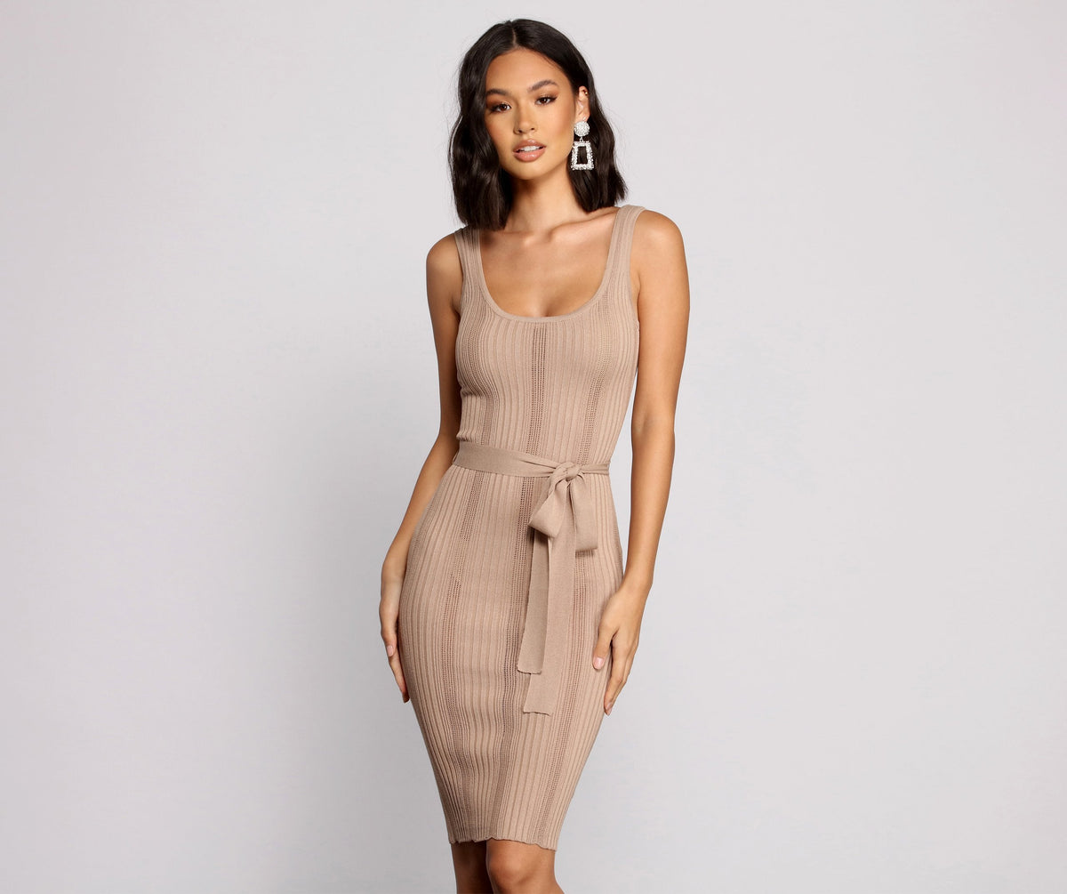 Ribbed Knit Scoop Neck Self-Tie Belt Sleeveless Bodycon Midi Dress 5