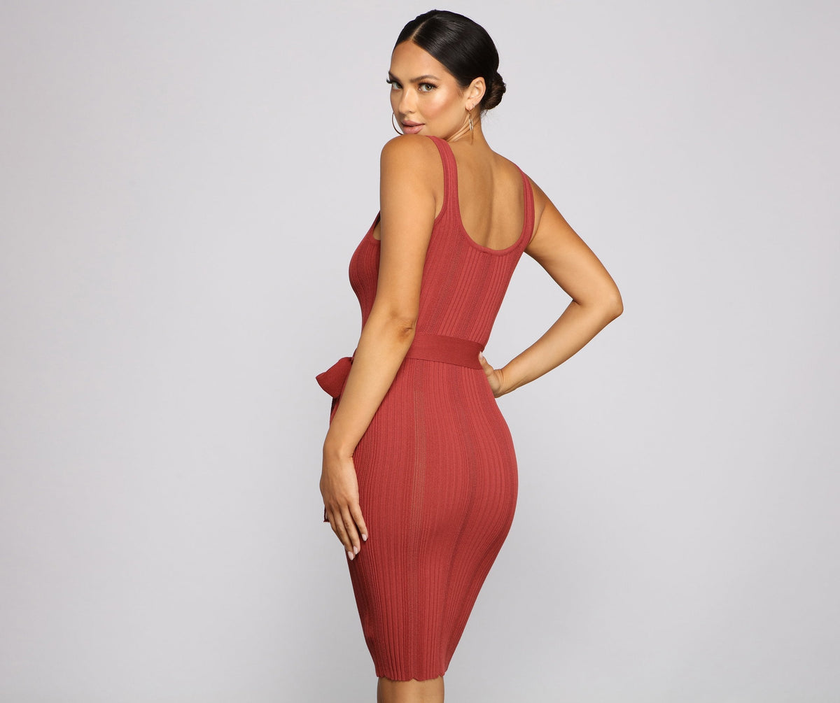 Ribbed Knit Scoop Neck Self-Tie Belt Sleeveless Bodycon Midi Dress 2