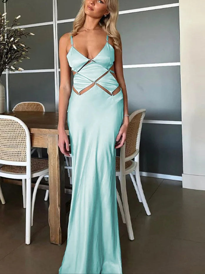 Spaghetti Strap Metal Ring Geometric Cutout Maxi Dress 2