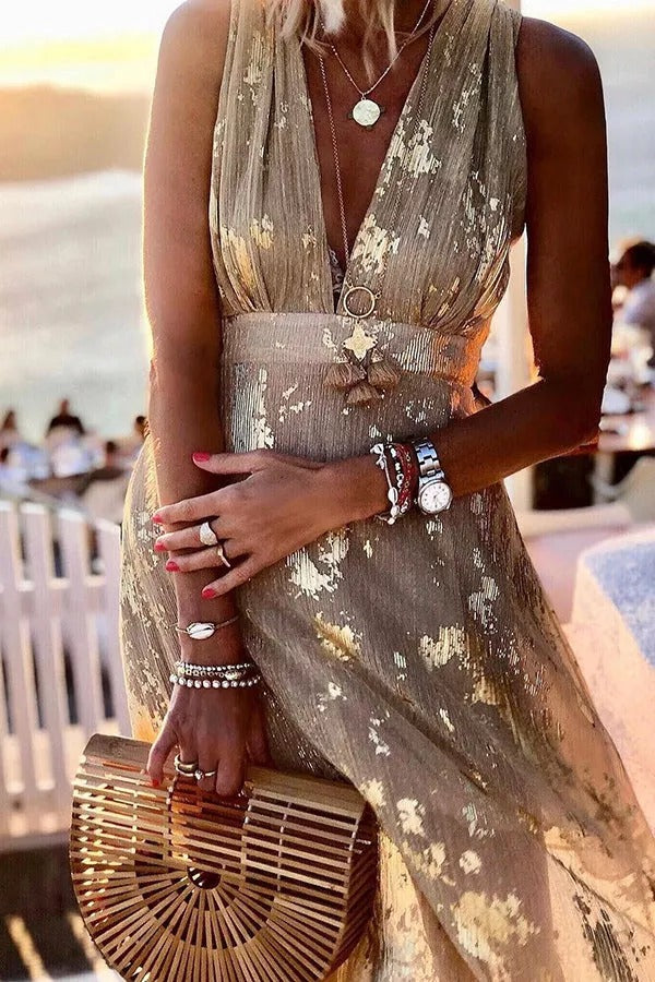 Distressed Metallic Foil Print Deep V-Neck Empire Waist Sleeveless Maxi Dress 4