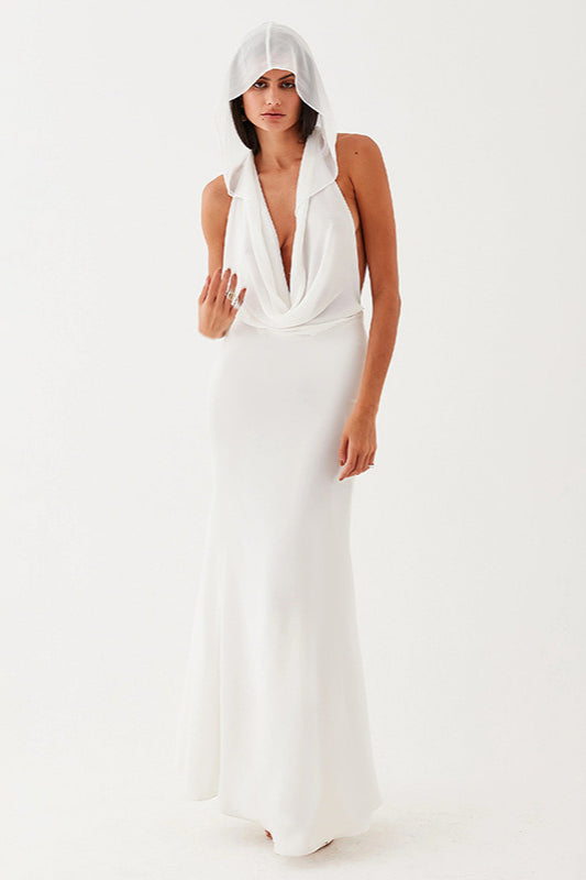 Hooded Deep Cowl Neck Sleeveless Backless Maxi Dress 6