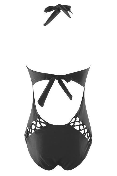 Black Halter Strappy Lace Up Braided Crisscross Sexy One Piece Swimsuit