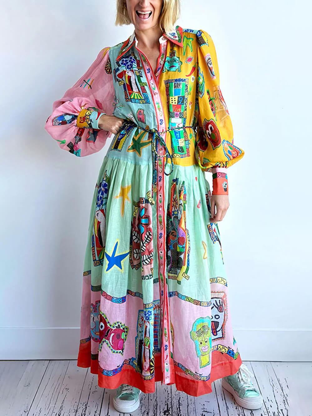 Graphic Print Colorblock Balloon Sleeve Belt Shirt Midi Dress 4