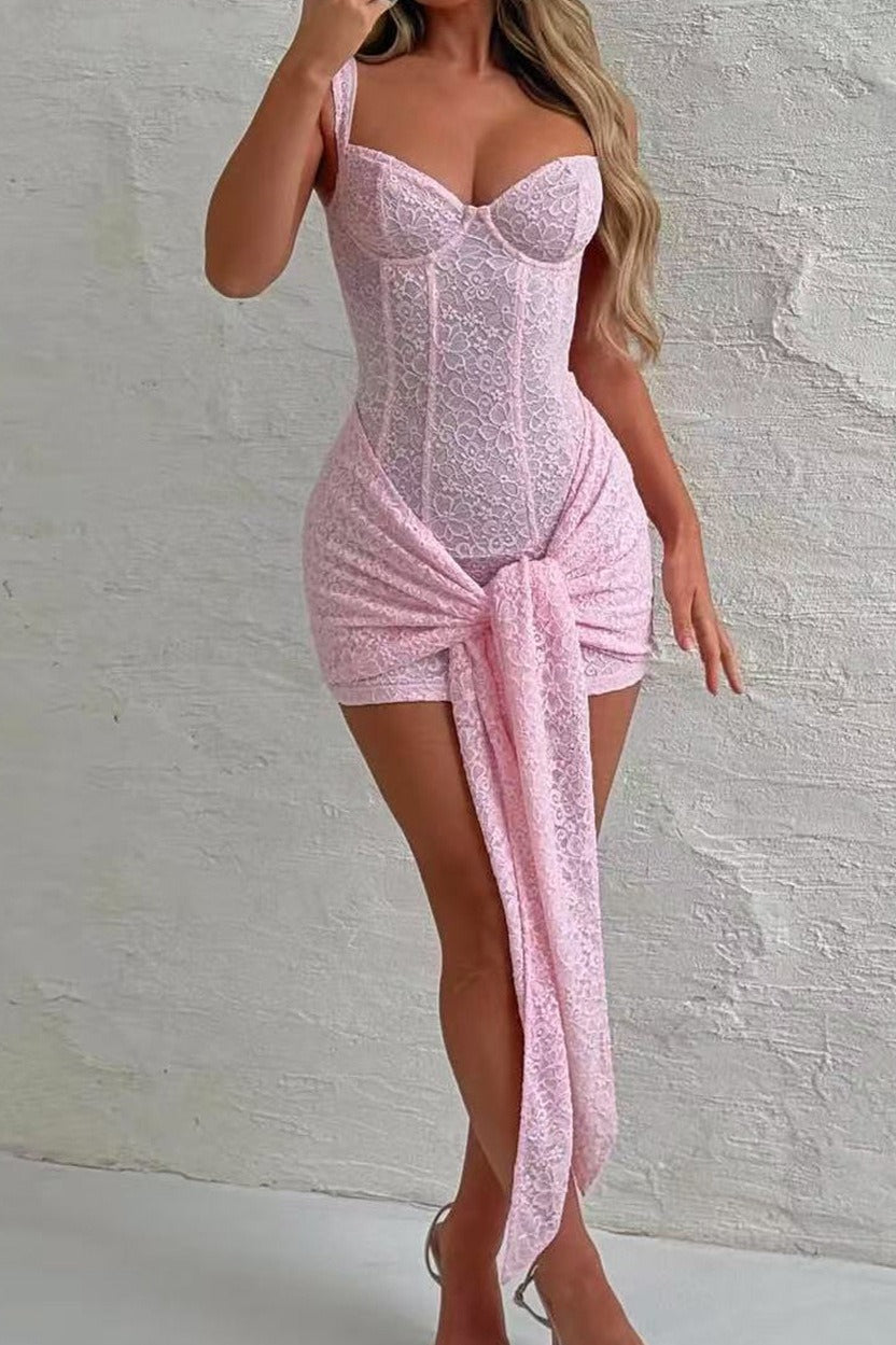 Lace Corset Sweetheart Wide Strap Waist Tie Wrap Mini Dress 4