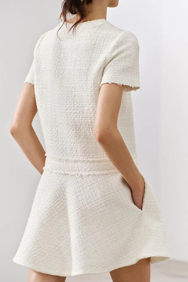 Metal Button Short Sleeve Round Neck Tweed Fit-and-Flare Mini Dress 6