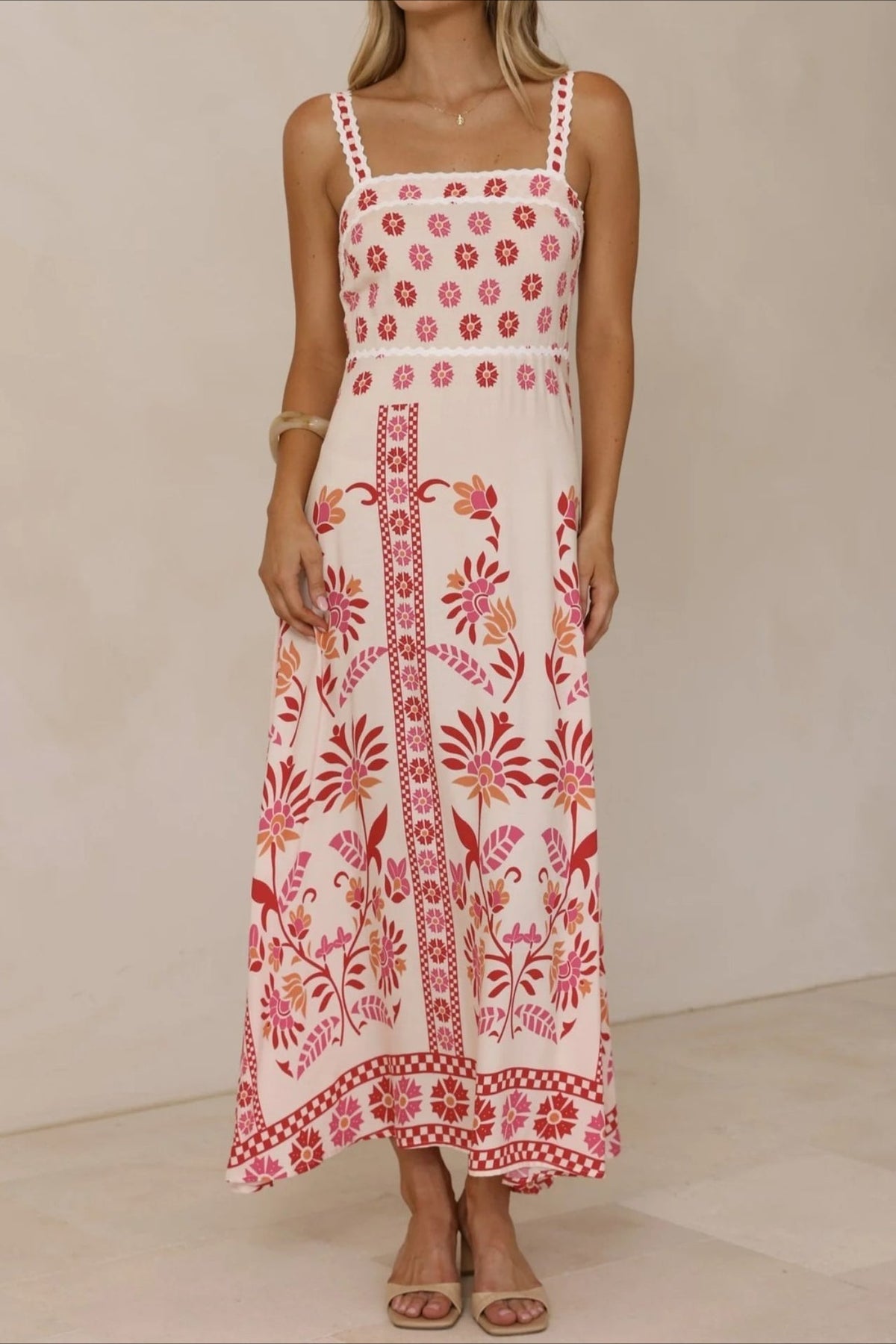 Scalloped Trim Square Neck Panel Print Border Hem Maxi Dress 5