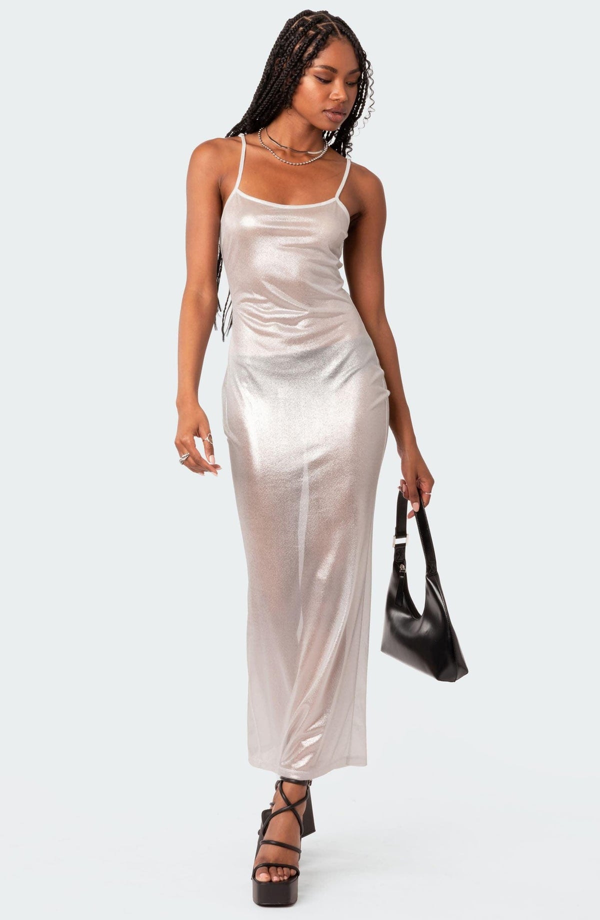 Sheer Metallic Mesh Long Sleeve High Neck Maxi Dress 11