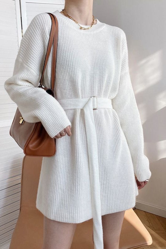 Rib Knit Belted Square Buckle Balloon Sleeve Sweater Mini Dress 9