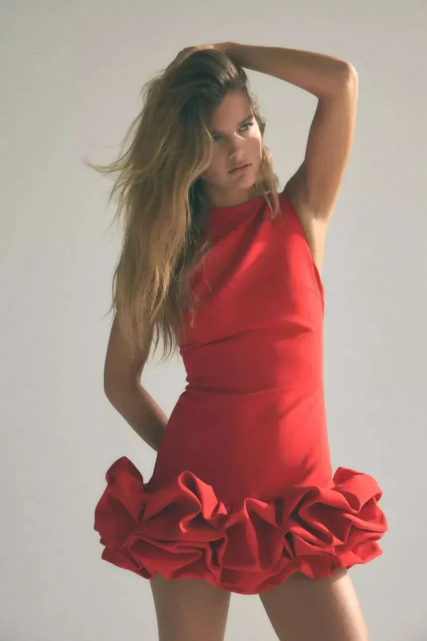 High Neck Sleeveless Oversized Ruffle Hem Mini Dress