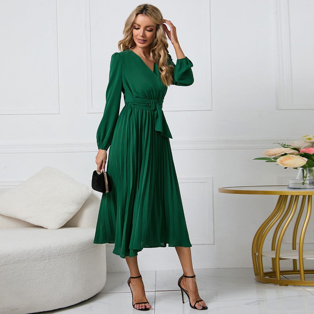 Wrap Surplice V-Neck Bishop Sleeve Sunray Pleated Belted Midi Dress 2