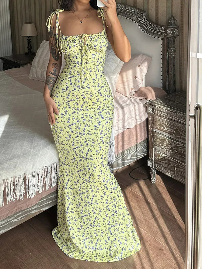 Floral Print Spaghetti Strap Sweetheart Lace Up Backless Maxi Dress 4