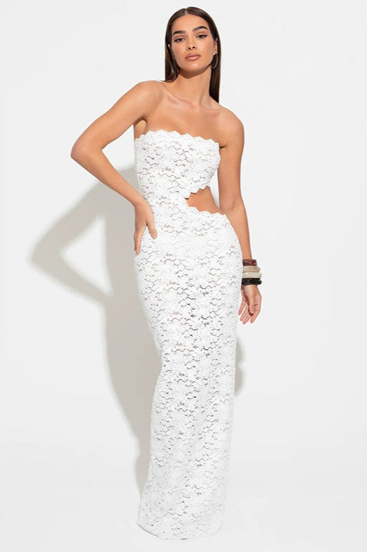 Floral Lace Strapless Scalloped Edge Waist Cut Out Maxi Dress 2