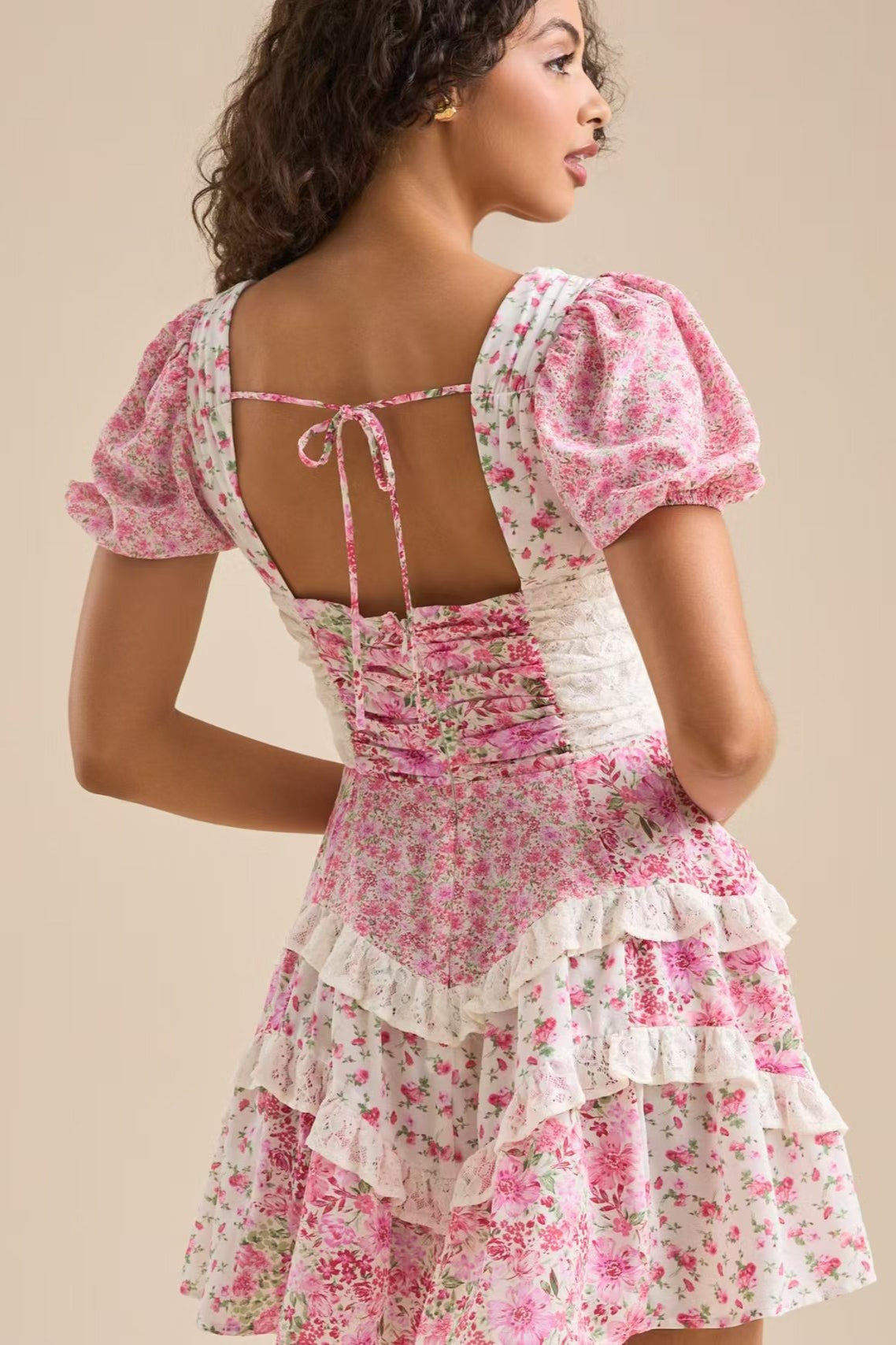 Floral Print Puff Sleeve Lace Smocked Waist Tiered Ruffle Mini Dress 5