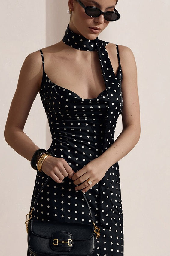 Cowl Neck Polka Dot Neck Scarf Spaghetti Strap Bodycon Midi Dress 5