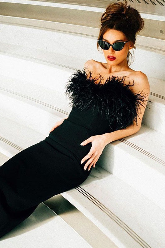 Feather Trim Strapless Bodycon Midi Dress